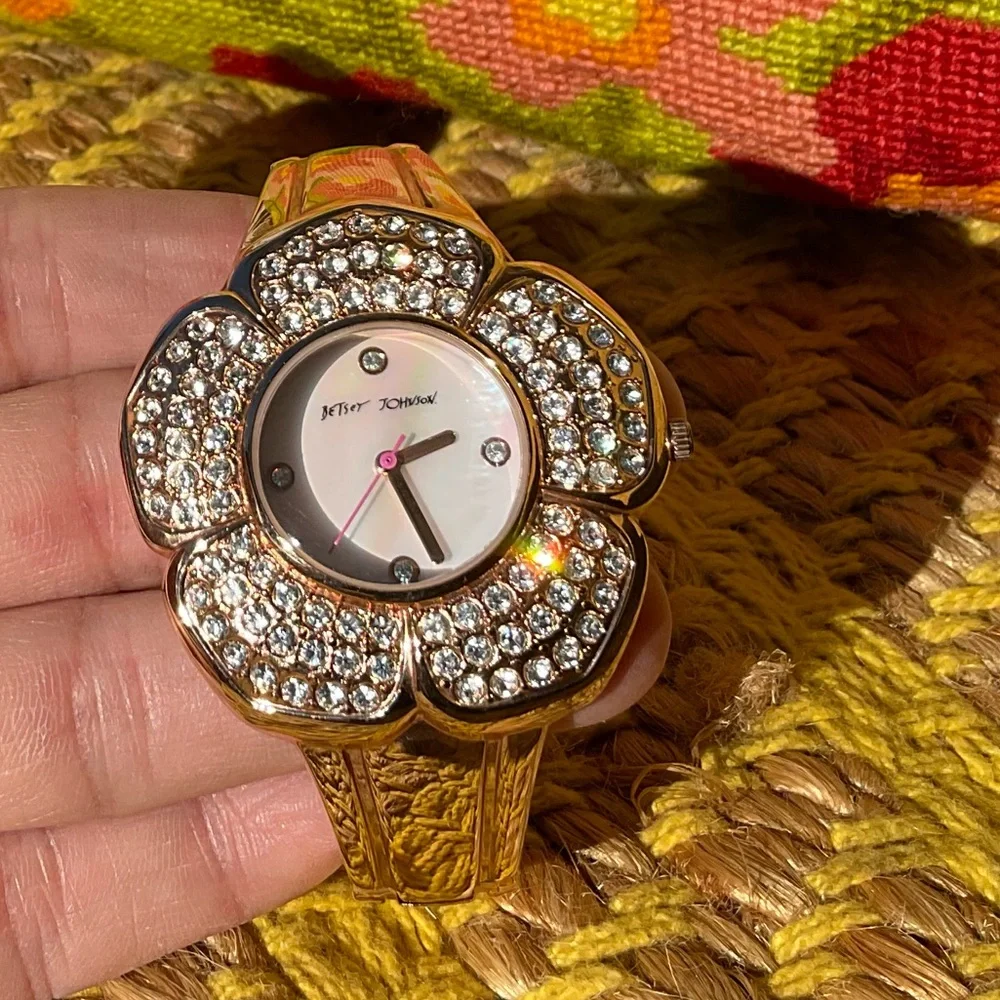Betsey Johnson Rose Gold Floral Crystal Bangle Watch with Pink Accent Hand - Picture 1 of 6